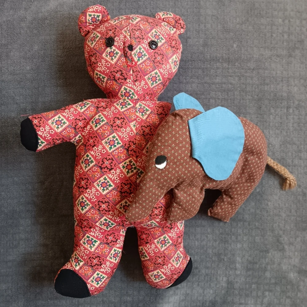 70s Handmade Vintage Cottagecore Plush Stuffed Animal Lot Bear & Elephant Whimsy
